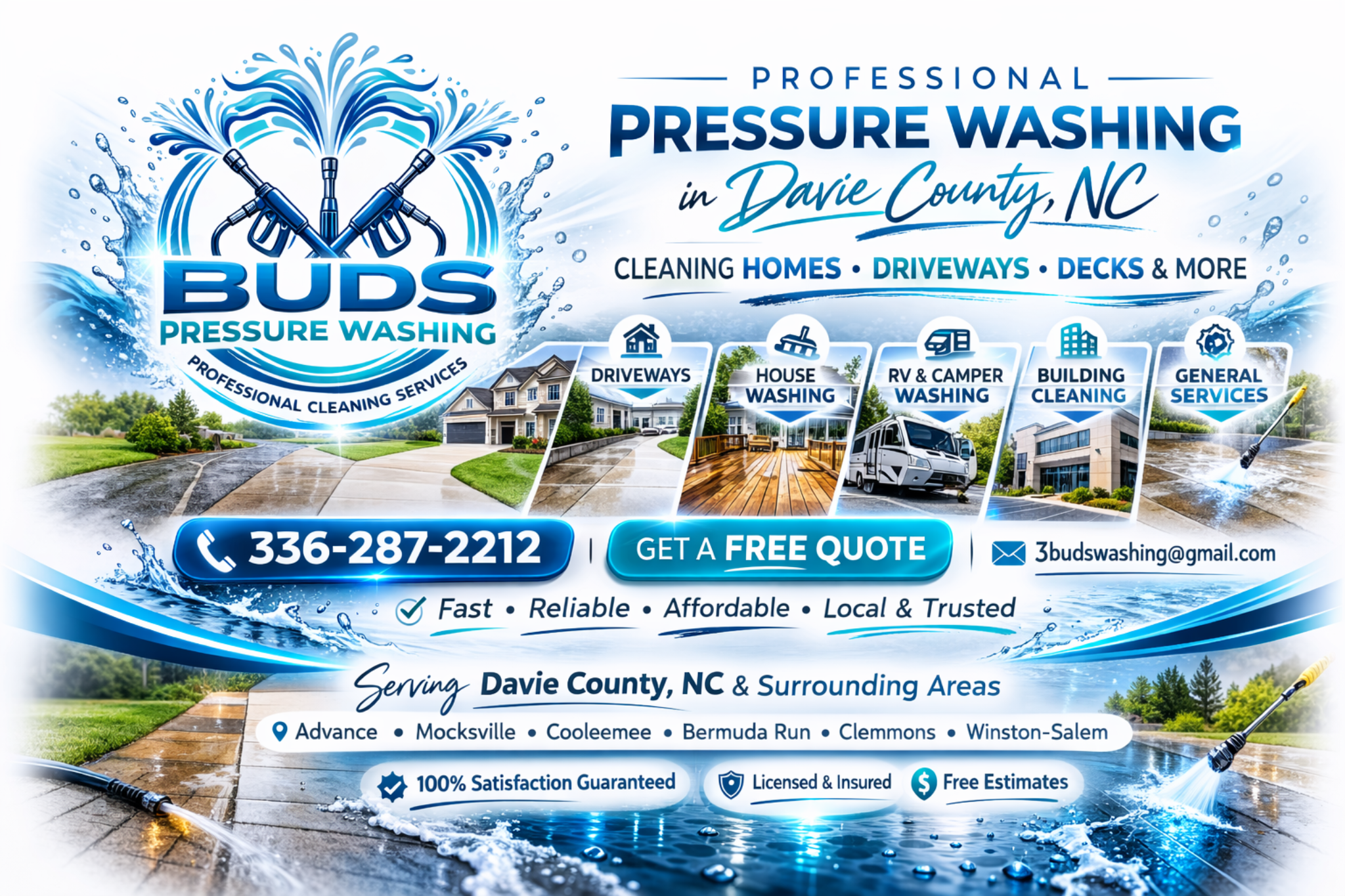 Buds Pressure Washing branded marketing graphic for pressure washing services in Davie County, North Carolina
