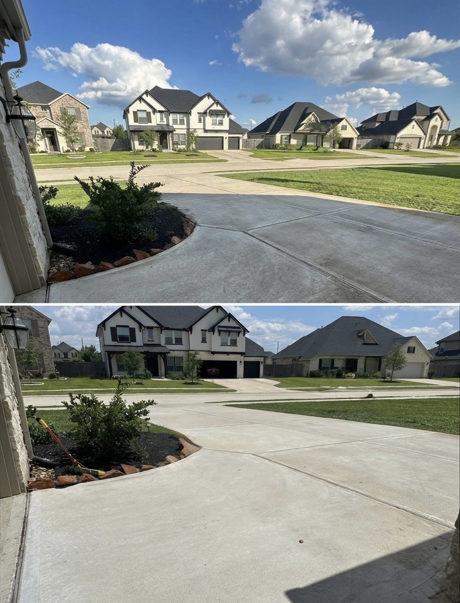 Before and after driveway cleaning transformation by Buds Pressure Washing
